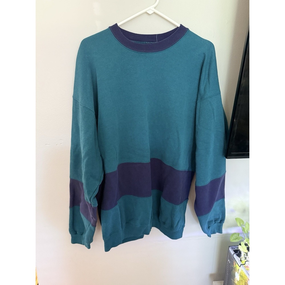 Vtg 90s Hanes Signature Collection Sweatshirt XL Color Block Teal Navy Blank USA